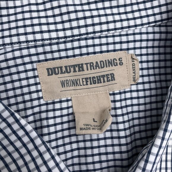 Duluth‎ Shirt Men Large Blue White Check Wrinkle Fighter Relax Fit OCBD Classic - Picture 3 of 8